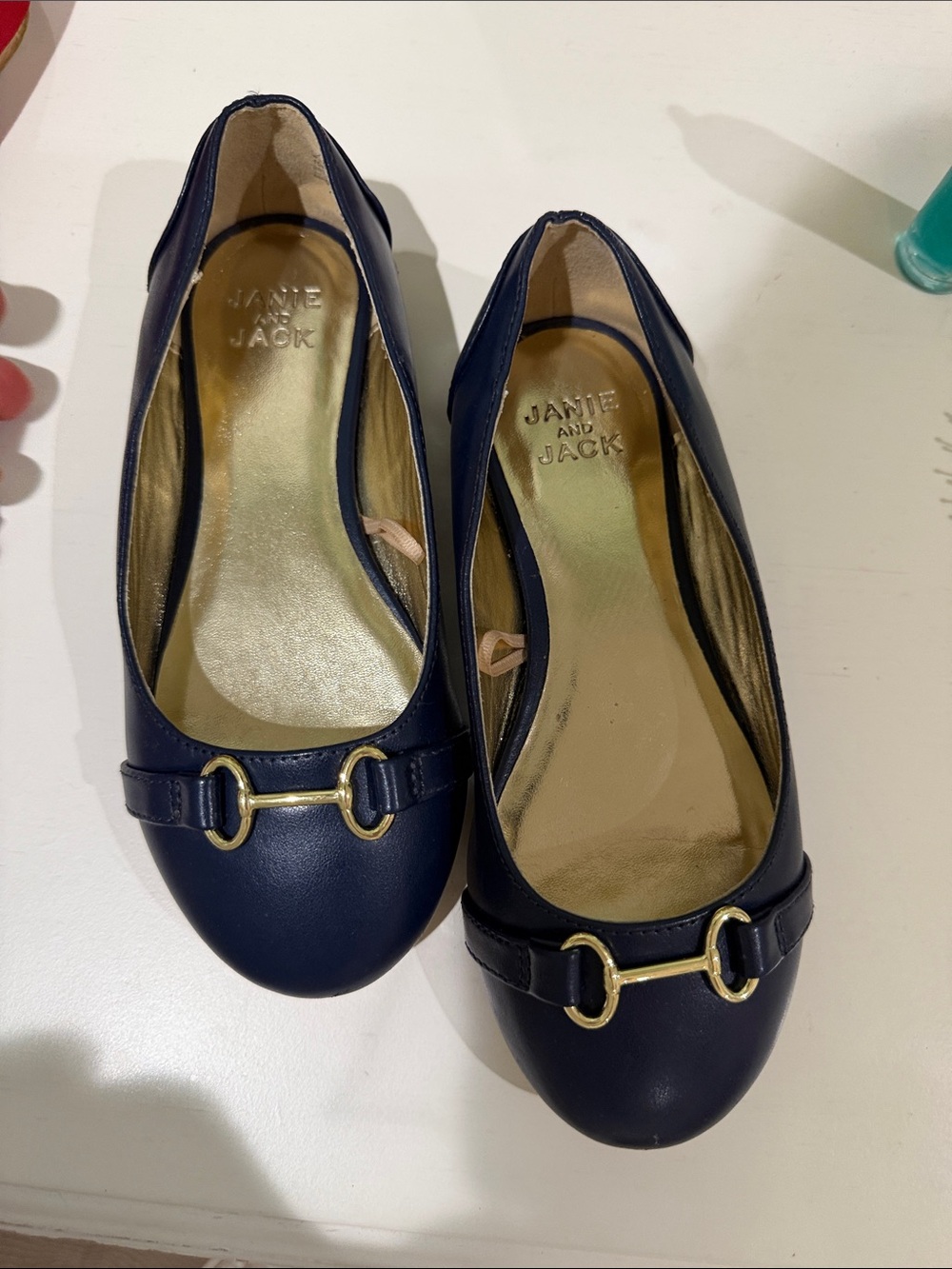 Janie and Jack Navy Ballet Flats with Gold Bit